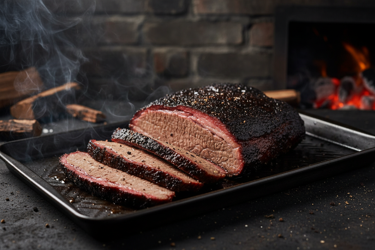 Sliced smoked brisket with dark bark